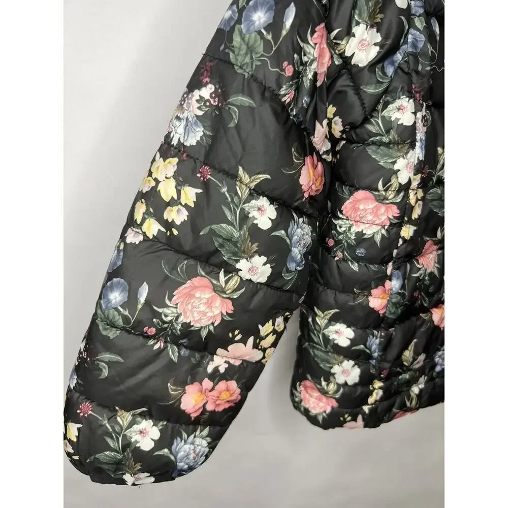 Primark, Floral Puffer Jacket, Black Multicolor, Polyester, Hooded Winter Coat
